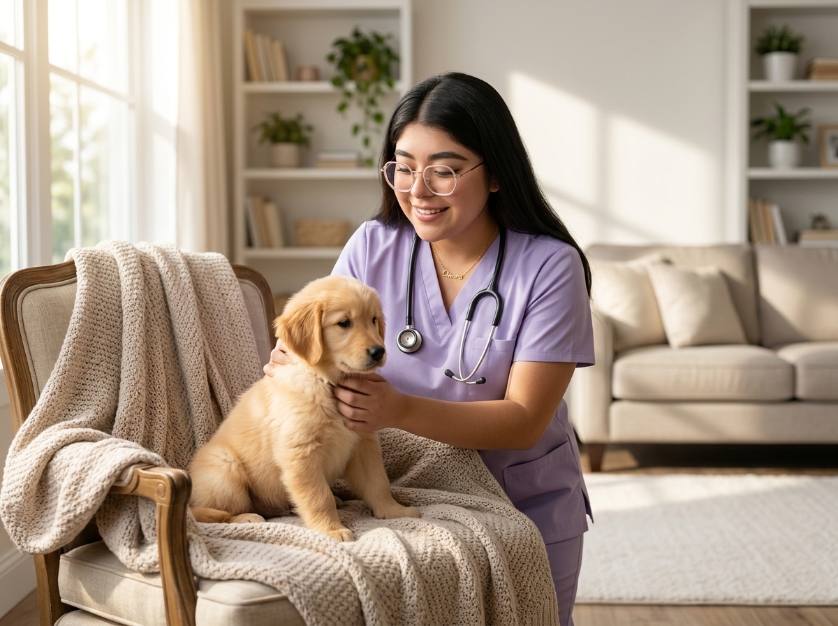 Veterinaria atendiendo con cariño a un perro
